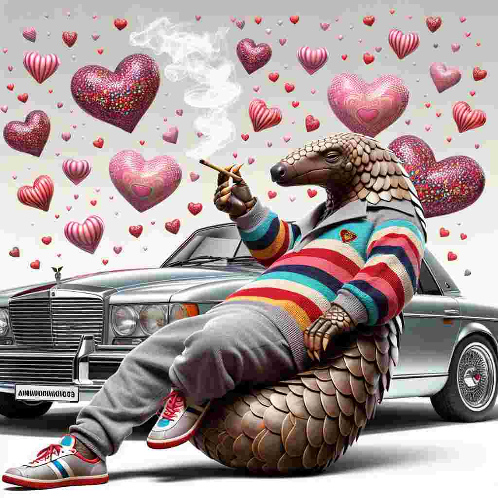 Create an image of a casual, laid-back pangolin. It's scales are covered in the multi-colored design typical of the uniforms of traditional rugby teams. The pangolin is lounging on the hood of a high-end, luxurious automobile. Behind it, the setting includes an abundance of floating, whimsical hearts. In the pangolin's claw, it holds a smoking, spiraling item, adding a playful and slightly rebellious note to the scene. This imaginative depiction gives a unique twist to the classic Valentine's Day theme, making it more of a humorous, cartoon-styled artwork.
Generated with these themes: Pangolin, Smoking weed, Audi, and Harlequins Rugby.
Made with ❤️ by AI.