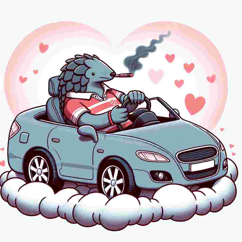 A quirky Valentine's Day cartoon picture showcasing an endearing pangolin wearing a style of rugby top typically seen among sports teams, seated leisurely in the driving cabin of a chic modern car. The car is located on a fluffy cloud taking the shape of a heart. Wisps of smoke emanate from the car's window, giving an impression that the pangolin is indulging in some herbal delight, gently teasing the otherwise amorous ambiance. The scene is woven around hues of pink and red hearts, creating an environment of love and harmony.
Generated with these themes: Pangolin, Smoking weed, Audi, and Harlequins Rugby.
Made with ❤️ by AI.