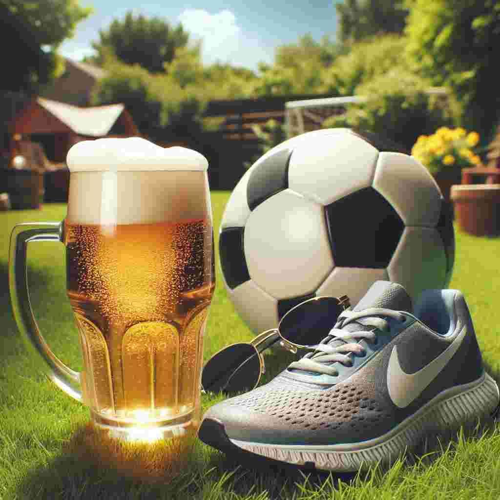 The image is set on a beautiful, bright day conveying a joyful ambiance in a backyard during a Father's Day celebration. The central focus of the picture is a chilled, bubbling beer mug with foam gleaming over the brim. Alongside it, there's a soccer ball with a bold crest emblem, indicating a beloved hobby. Not far from these objects, a pair of well-used running shoes, meticulously maintained, lie on the verdant grass, indicating a pause in an active lifestyle.
Generated with these themes: Beer, Soccer, Arsenal , and Running .
Made with ❤️ by AI.