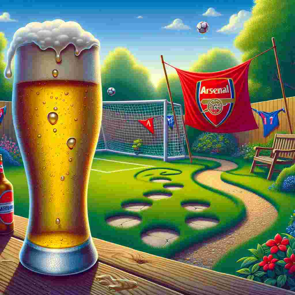 Depict a sentimental Father's Day garden gathering. The predominant element is a chilled beer with drops of condensation forming on the glass, signifying tranquility. An inviting soccer net in the background is adorned with a colorful team flag (reminiscent of, but not specifically, Arsenal), summoning feelings of joy and team loyalty. Guiding the eye down a meandering garden path, a pair of jogging paths merge into the distance, hinting at an unseen entity having a love for running.
Generated with these themes: Beer, Soccer, Arsenal , and Running .
Made with ❤️ by AI.