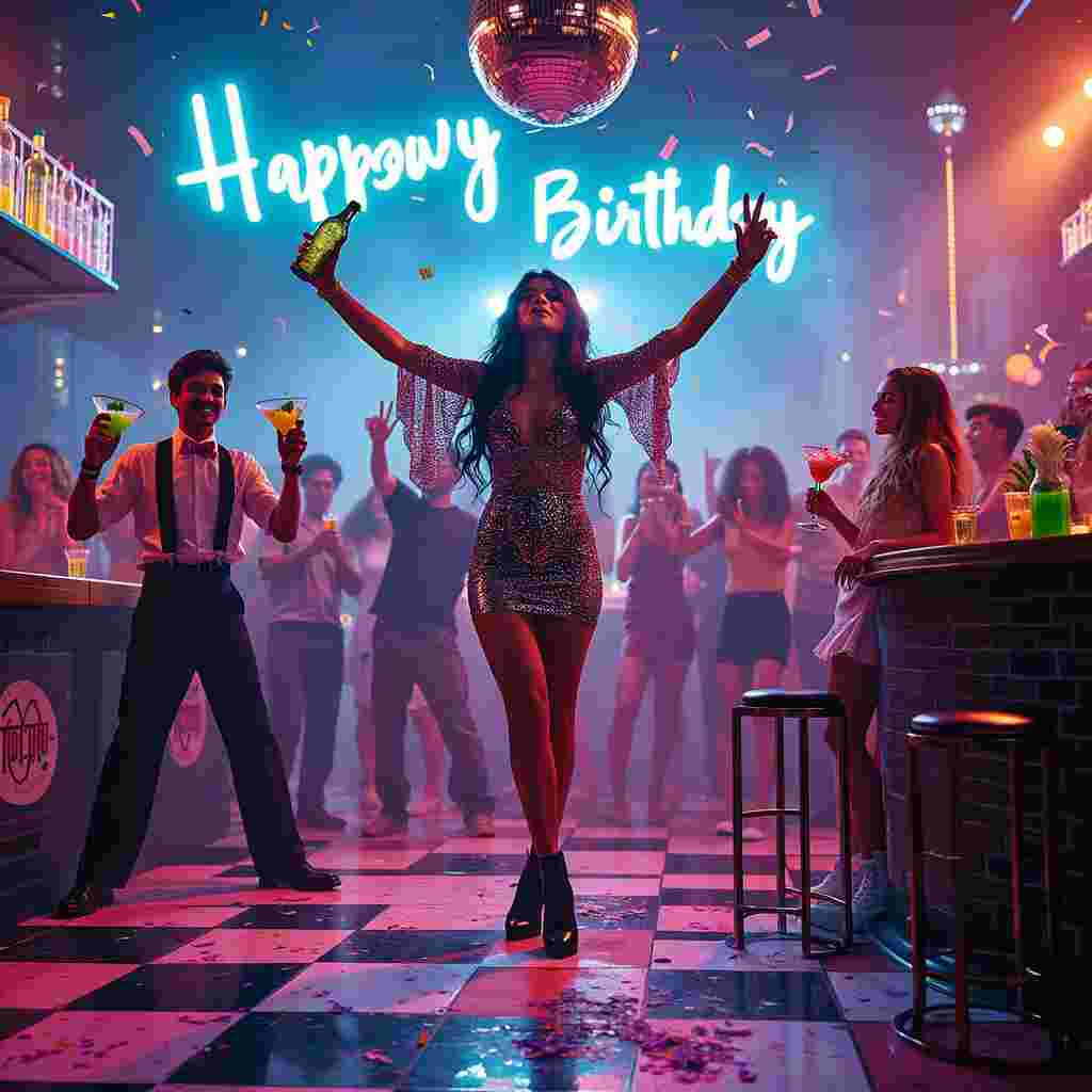 On the front cover of the birthday greetings card, imagine a dazzling nighttime scene set in a chic London nightclub. The iconic Shard and London Eye glow in the background, their lights reflected in the Thames below, grounding us firmly in London. In the center of the scene stands Charli XCX, donning a sparkly sequined dress, a microphone in one hand, and a cocktail in the other, exuding her characteristic edgy glamor. Around her, a diverse crowd of stylish party-goers dance energetically, their vibrant outfits and accessories (neon sunglasses, funky hats, glow-in-the-dark bracelets) adding splashes of color to the scene. Some hold creatively garnished cocktails, like mojitos with mint sprigs and margaritas with salted rims, while others throw confetti into the air, creating a sense of joyous celebration. A DJ booth adorned with LED lights and a massive disco ball hanging from the ceiling catch the light, making the entire club shimmer. To the left, a bar with illuminated shelves displays an array of colorful bottles, and a bartender in a bow tie and suspenders performs an impressive bottle flip. In the background, a neon sign reads "Happy Birthday" in playful, cursive letters, perfectly blending with the lively atmosphere. The card cover bursts with details, from the checkerboard dance floor to the quirky, futuristic furniture scattered around, each element contributing to an unforgettable birthday celebration.
Generated with these themes: Charli xcx, Night club, Cocktails, and London.
Made with ❤️ by AI.