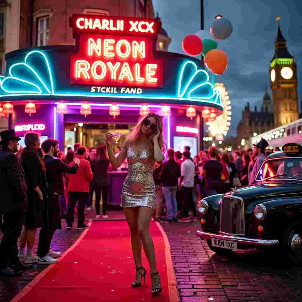 In the bustling heart of London, amid a backdrop of iconic landmarks like the Big Ben and the London Eye, a quirky night club named "Neon Royale" throbs with vibrant energy. The scene is set just outside the club, with its art-deco neon sign glowing brightly against the evening sky, casting colorful hues on the cobblestone streets. The queue outside is a mix of trendy party-goers and fans dressed in sparkling outfits, eagerly waiting for a chance to see Charli XCX, whose larger-than-life billboard is illuminated above the entrance.

Charli herself is the focal point, striking a playful pose on the red carpet that stretches out from the entrance. She’s wearing a dazzling sequined dress that glimmers with every flash of the paparazzi's cameras. Her signature style is accentuated with oversized sunglasses and a cheeky grin. Beside her, a cocktail cart manned by a dapper bartender in a bowler hat offers an array of whimsical cocktails, each garnished with British-themed decorations like tiny Union Jacks and mini double-decker bus stirrers. One particularly extravagant cocktail, a ‘London Fizz’, is bubbling with dry ice and crowned with a slice of cucumber and a small umbrella.

In the background, the Thames River sparkles under the city lights, and a group of friends in party attire are laughing and snapping selfies with a photobooth that has props like oversized sunglasses, feather boas, and mock Charli XCX microphones. There’s even a classic London black cab parked nearby, with a sign on top reading “Birthday Party Express.”

A street performer, dressed as a classic Beefeater, is juggling glow sticks while a bouncer in an exaggeratedly large top hat checks IDs with a flourish. Balloons in the shape of musical notes float above the scene, and confetti cannons have just gone off, showering the street in glitter and tiny pieces of paper shaped like cocktail glasses and records.

Every detail of this vibrant, chaotic, and joyous celebration captures the essence of a birthday night out in London with a Charli XCX twist, blending the electric energy of the nightclub scene with the quirky charm of British culture.
Generated with these themes: Charli xcx, Night club, Cocktails, and London.
Made with ❤️ by AI.