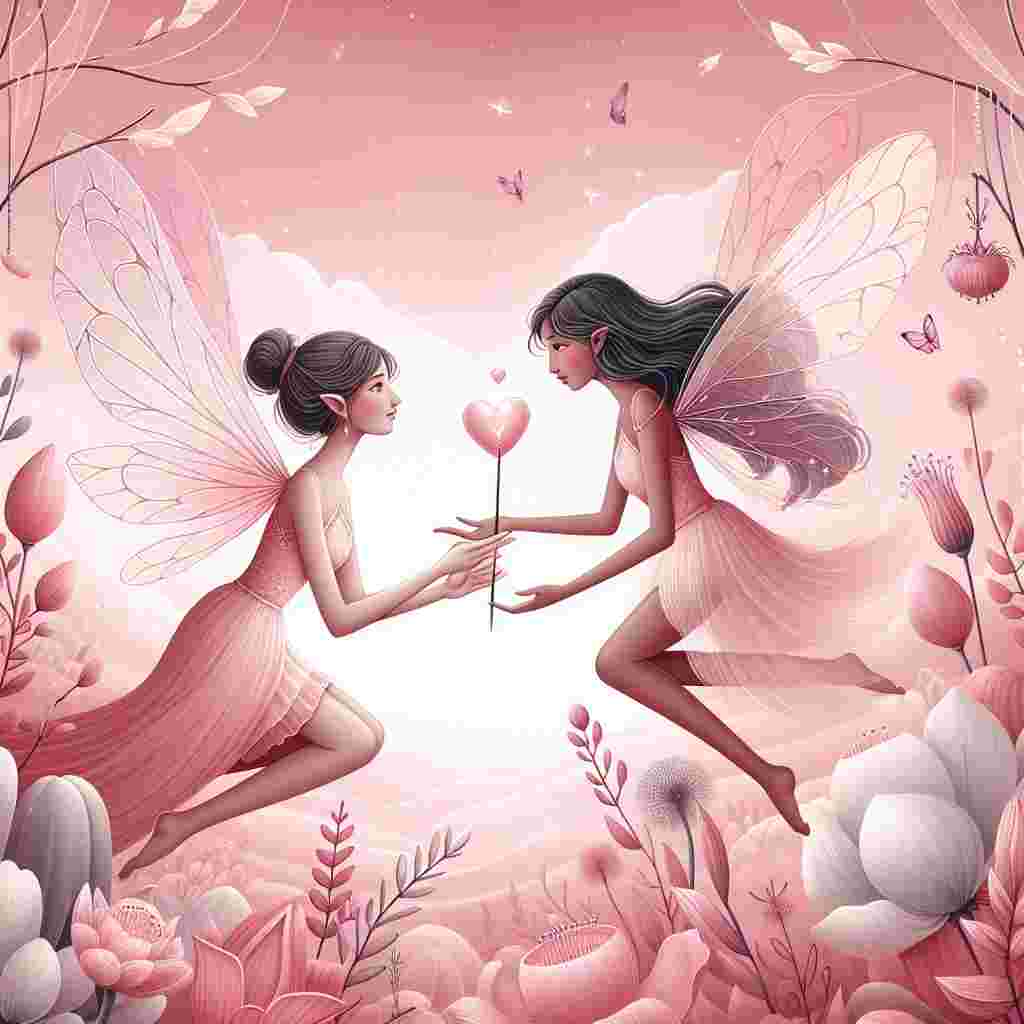 A Valentine's Day themed illustration in a magical realm. Two fairies of different descents, one Caucasian, and the other South Asian, are gently floating against a soft pink backdrop. Both fairies are dressed in delicate pink attire, one is offering the other a heart-shaped wand. They're surrounded by an environment that features varying shades of pink from blushing flowers to the pastel-colored sky. The composition captures a loving and magical atmosphere, representing the spirit of Valentine's Day.
Generated with these themes: Fairies , and Pink.
Made with ❤️ by AI.