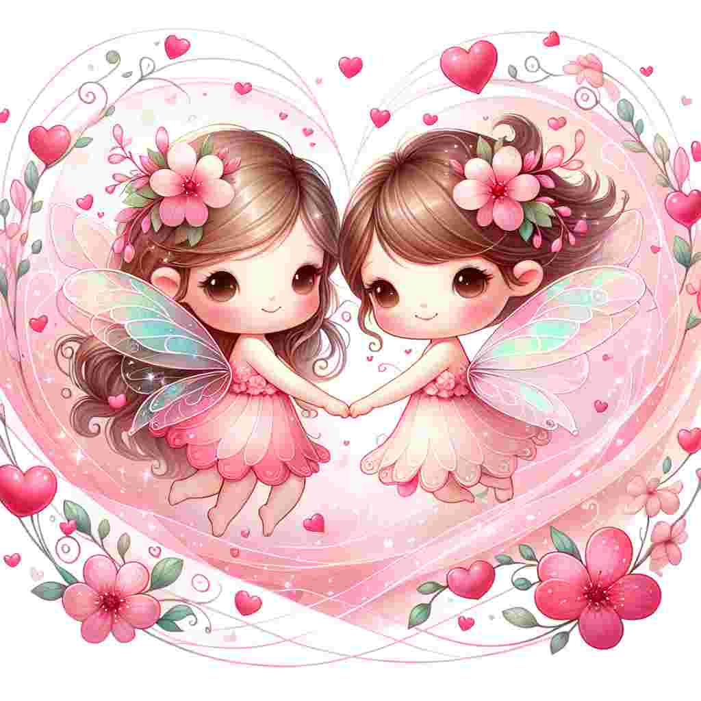 Generate a charming Valentine's Day illustration showing two adorable fairies with gossamer wings. They should be holding hands amidst a swirl of pink hearts. Ensure that their tiny bodies are accentuated with pink rosy cheeks and their hair is adorned with pink flowers. The overall scene should aim to create a feeling of whimsy and romance, embodying the spirit of love and affection.
Generated with these themes: Fairies , and Pink.
Made with ❤️ by AI.