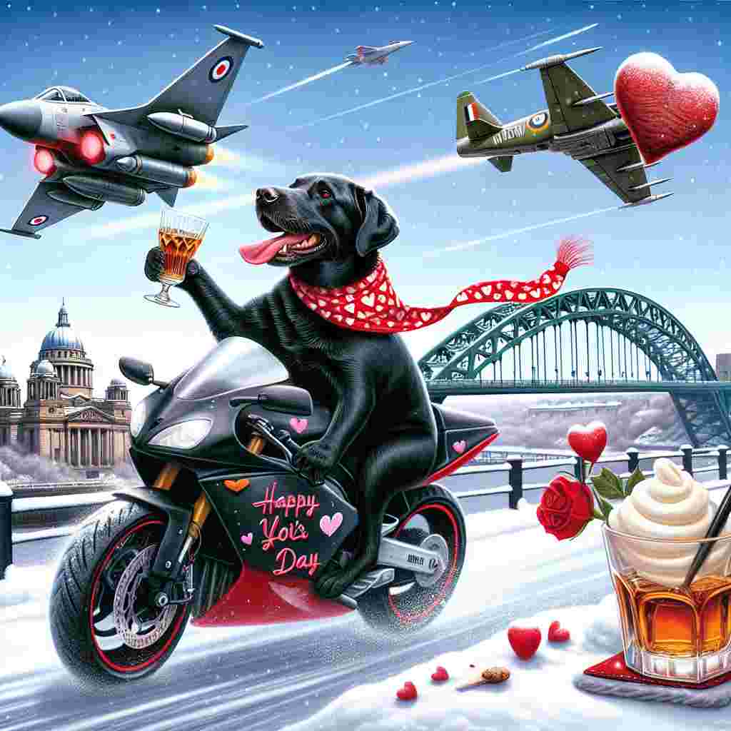Celebrate love humorously this Valentine's Day with a picturesque winter scene set on the snow-laden Tyne Bridge. A Black Labrador dressed in a red bandana adorned with hearts humorously rides a dynamite sports motorbike over the bridge, flaunting a playful grin. Amidst the light snowfall, an aircraft resembling a starfighter interestingly does barrel rolls, having a heart-shaped steak amusingly skewered on its wingtip and hued in Valentine's colors. As comedic contrast, a scoop of vanilla ice cream against the steak rests on the snowy ground below. A jovial green extraterrestrial, toasting with a glass of whiskey, adds a fantastical element to this lighthearted Valentine's Day tableau.
Generated with these themes: Black Labrador riding a sports motorbike, Tyne bridge, Heart shaped steak, X Wing, Snow, Vanilla ice cream, Alien, and Whiskey.
Made with ❤️ by AI.