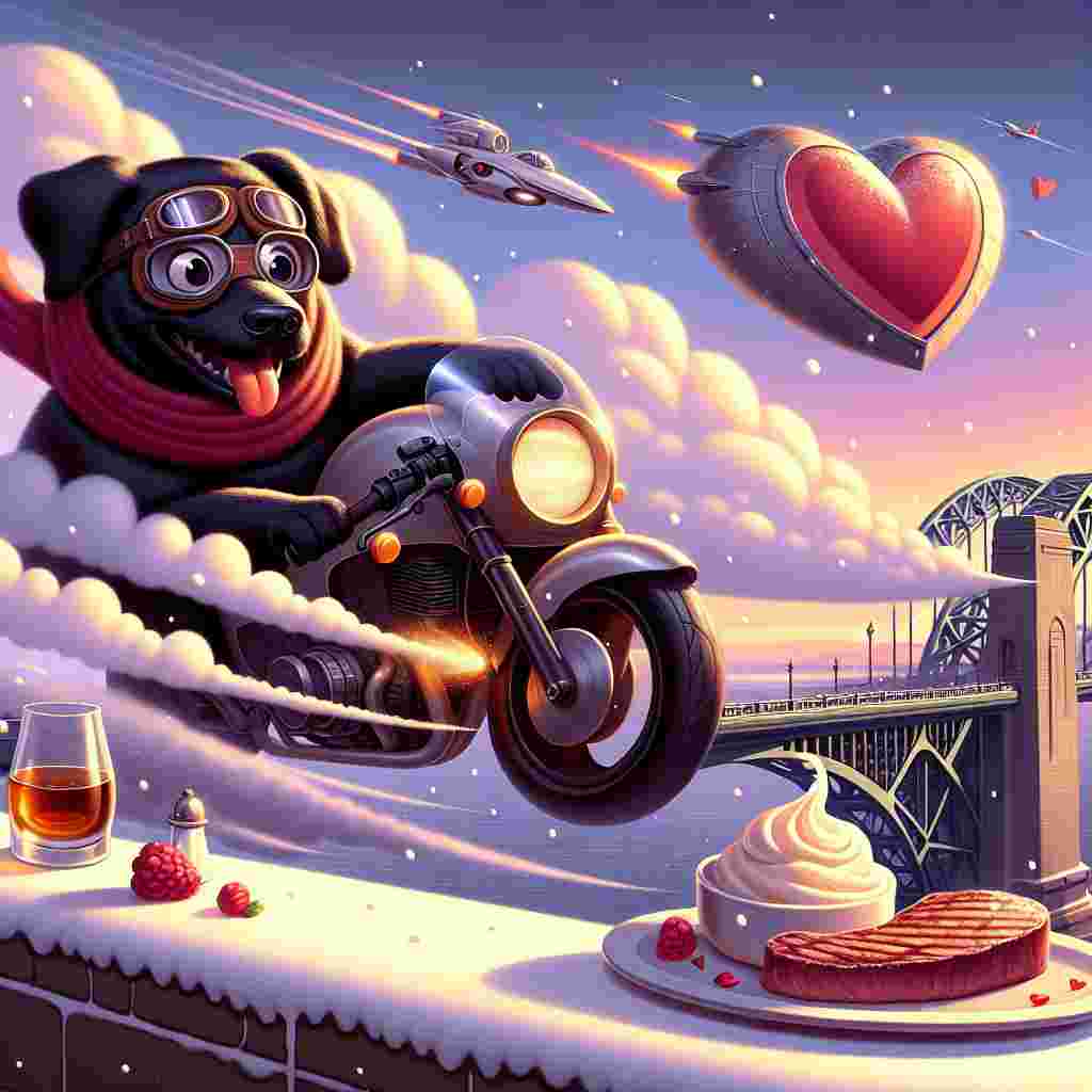 Create a whimsical Valentine's Day illustration. The main character should be a cheerful Black Labrador, who is adorably wearing goggles and a billowing scarf. This good-natured dog is speeding across the well-known, Arch-shaped Tyne Bridge on a sleek, impressive sports motorbike. This magical scene is beautifully enhanced by a gentle snowfall that blankets the surroundings in a soft, delicate white layer. In the distant sky, a futuristic, wing-shaped spaceship soars across a heart-shaped, fluffy cloud. An enticing heart-shaped steak sizzles at the center of this remarkable artwork. The alluring aromas wafting from it seem to beckon even a surprised-looking extraterrestrial observer peeking curiously from an inconspicuous corner of the image. To finish this extraordinary spectacle, there's a delightful bowl of vanilla ice cream generously drizzled with a whiskey-flavored syrup carefully placed just underneath the main illustration, providing a wonderful dessert-like finish to this humorously chaotic Valentine's scene.
Generated with these themes: Black Labrador riding a sports motorbike, Tyne bridge, Heart shaped steak, X Wing, Snow, Vanilla ice cream, Alien, and Whiskey.
Made with ❤️ by AI.