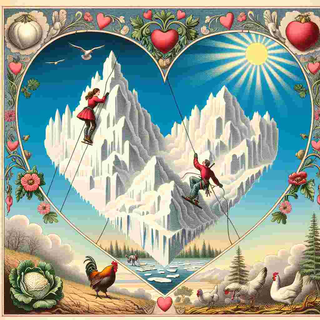 Create an artwork of a heart-shaped mountain in Santa Barbara where a female of Asian descent and a male of Caucasian descent are ice climbing. Frame the scene with delicate borders exhibiting motifs of chickens and cabbages. Emphasize on the meticulous attention to details, much like the prose style of pre-1912 era writer Vladimir Nabokov. Lastly, set the scene against a backdrop of a clear blue sky and a vibrant sun, adding a visually appealing and romantic element, perfect for a Valentine's Day-themed illustration.
Generated with these themes: Vladimir Nabakov, Chicken and cabbage, White male asian female, Ice climbing, and Santa Barbara.
Made with ❤️ by AI.