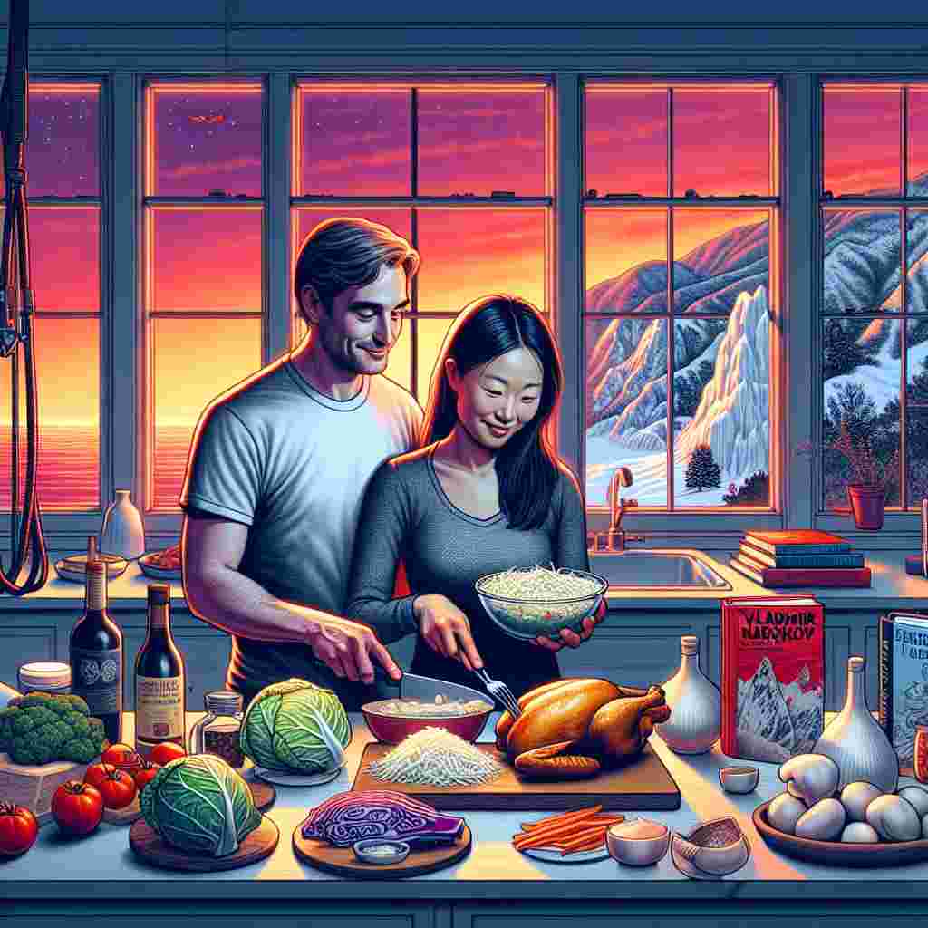 Visualize an intimate and snug setting where a Caucasian man and an Asian woman are engaged in the process of crafting a Valentine's day meal. The ingredients on the table suggest a blend of culinary cultures, featuring items such as chicken and cabbage. The environment outside the window reflects the radiant colors of a sunset in Santa Barbara, creating a warm, romantic atmosphere. On the kitchen counter, there's a pile of books associated with the literary works of Vladimir Nabokov. Ice climbing equipment, symbolizing their mutual interest, decorates the walls.
Generated with these themes: Vladimir Nabakov, Chicken and cabbage, White male asian female, Ice climbing, and Santa Barbara.
Made with ❤️ by AI.