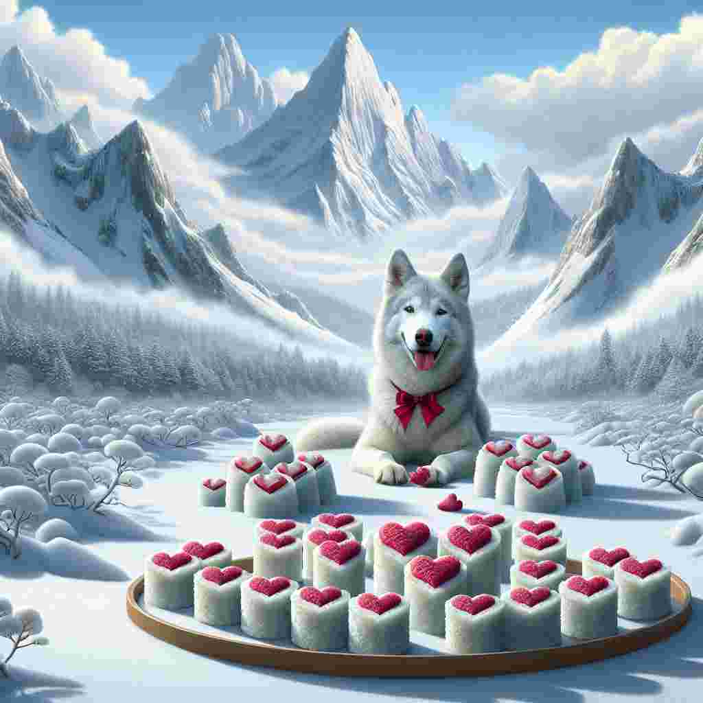 Visualize a captivating winter landscape with lofty mountains bedecked in snow looming in the backdrop on a chill Valentine's Day. The virgin white snow beautifully blankets the entire scene, creating a surreal yet tranquil setting. Foregrounded in this canvas of white is a majestic husky, its fur as white as the surrounding snow, its demeanor seeming to hold a friendly warmth towards the observer. In the dog's company are intricately made sushi pieces, each formed into the shape of a heart, their placement adding to the whimsy and wonder of the scene. The husky, festooned with a striking red ribbon, appears to protectively surround the sushi hearts, leading the eye to a gracefully inscribed sentence saying: 'Will You Be My Valentine?'. This entire vision tastefully combines the awe-inspiring presence of nature and the personal, intimate sentiments that define Valentine's Day.
Generated with these themes: Snow covered mountains, Husky, Sushi, Hearts, and Text: Will You Be My Valentine?.
Made with ❤️ by AI.