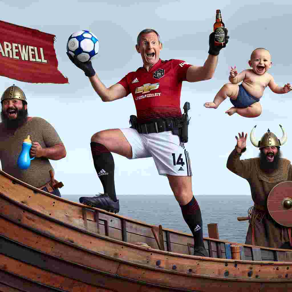 A comedic portrayal showcasing a Caucasian male police officer, donned in Manchester United kit, skillfully balancing a football, a bottle of Henry Weston cider, and a blue baby soother, all whilst atop a Viking ship in the process of being built by a jovial group of Middle-Eastern construction workers. On the deck of the ship, a baby boy of Hispanic descent, adorned with a small helmet, laughs heartily amidst 'Farewell' banners playfully dancing in the breeze.
Generated with these themes: Henry Weston cider, Manchester United football club, New Baby boy, Vikings , Construction , and Police officer .
Made with ❤️ by AI.