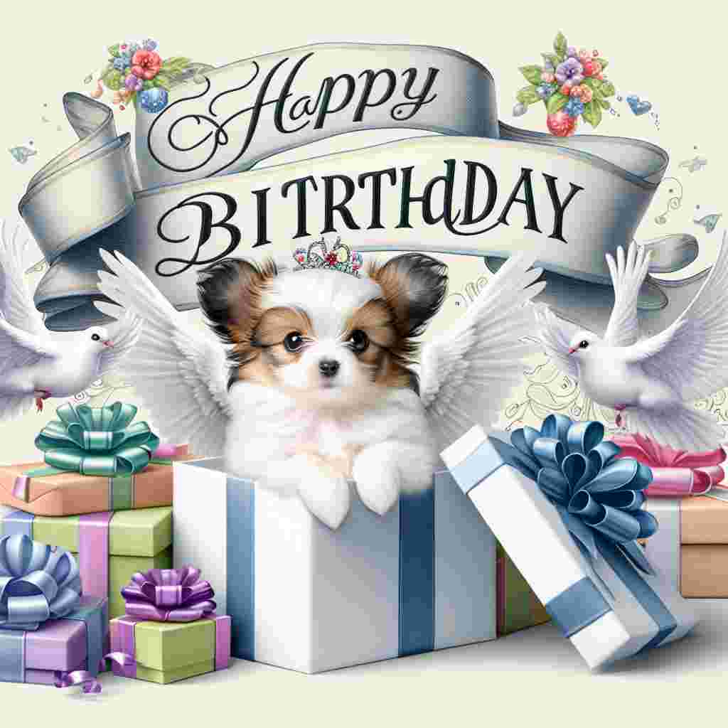 An adorable birthday setting where a Papillon puppy rests in a gift box filled with ribbons, while 'Happy Birthday' elegantly curves around the scene in a banner held by two doves overhead.
Generated with these themes: Papillon  .
Made with ❤️ by AI.