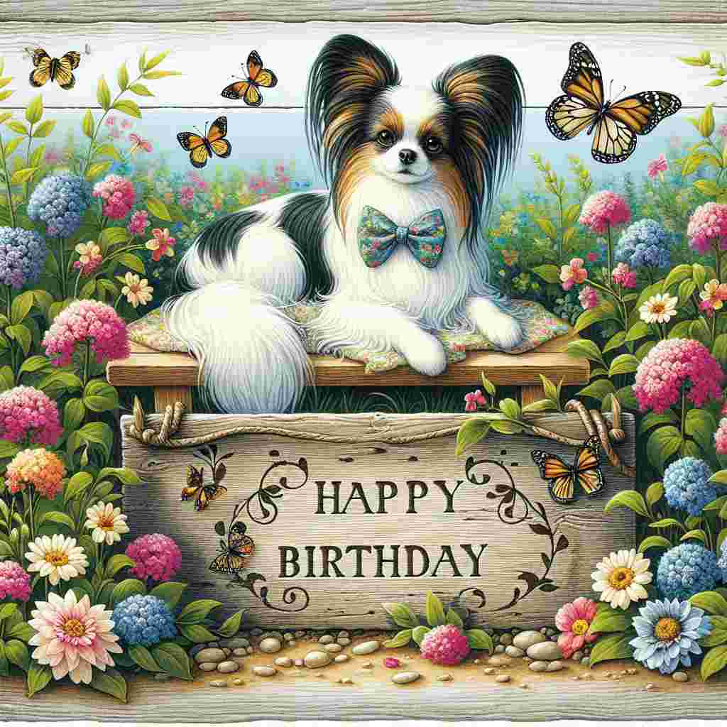 A serene garden scene for a birthday card focusing on a Papillon dog with a bow tie, sitting beside a flower bed with butterflies. Above, 'Happy Birthday' is etched into a wooden sign, giving a rustic charm to the illustration.
Generated with these themes: Papillon  .
Made with ❤️ by AI.