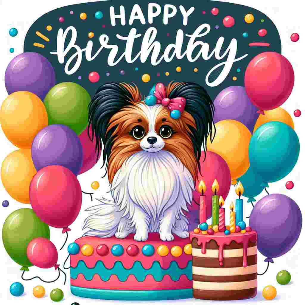 A vibrant birthday illustration showcasing a playful Papillon dog amidst colorful balloons and a whimsical cake. Bold 'Happy Birthday' text adorns the top in cheerful script, complementing the joyful scene.
Generated with these themes: Papillon  .
Made with ❤️ by AI.