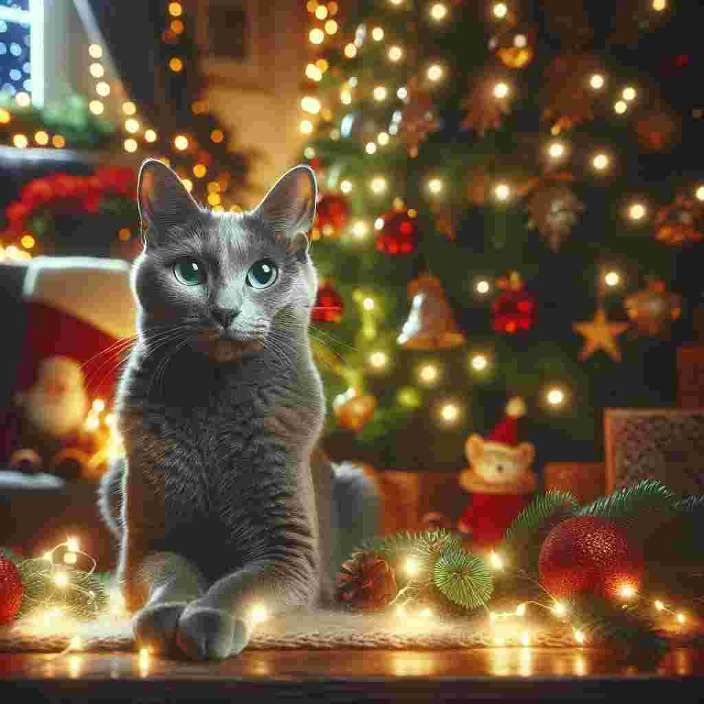 Create an image filled with the joyous spirit of Christmas. The scene radiates warmth and holiday charm. In the midst of this festive environment is an adult Russian Blue cat, a representation of their breed's defining traits. The cat's sleek and normal-built form is covered in a shimmering grey coat that shines against the Christmas decor. Its compelling green eyes sparkle with holiday enthusiasm, mirroring the twinkling lights of the season as they illuminate the comfortable surroundings.
.
Made with ❤️ by AI.