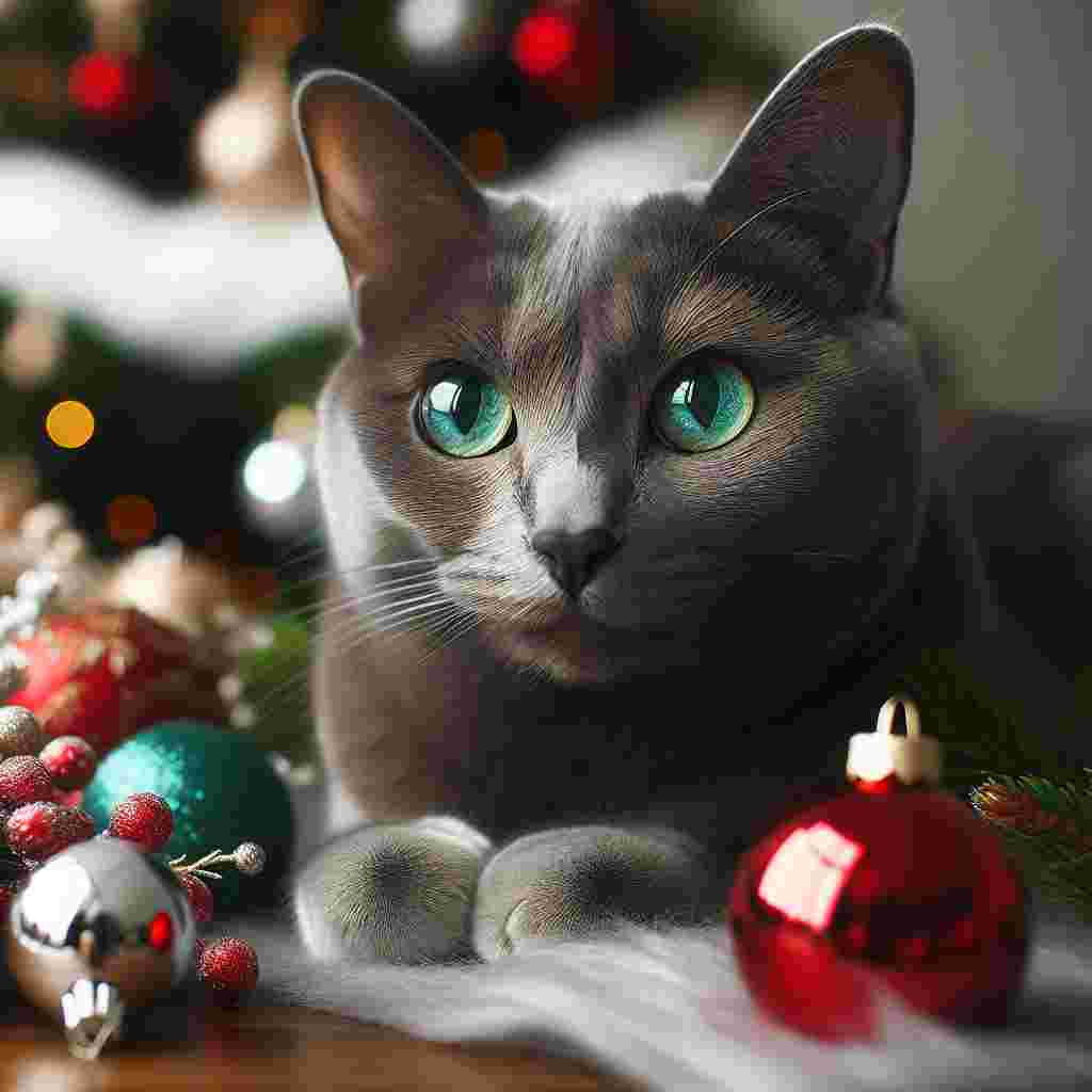The centerpiece of the Christmas cheer is a charming adult Russian Blue cat. Its trim body is covered with a silky grey fur that gives a subdued contrast against the bright holiday adornments surrounding it. Its captivating emerald-green eyes shimmer, reflecting the comfort and enchantment brought by the yuletide season in every look.
.
Made with ❤️ by AI.