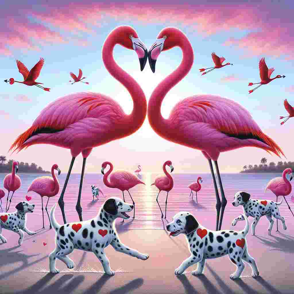 Create an image where two vibrant pink flamingos are standing gracefully on a peaceful beach, with their necks curving to form a heart shape as their beaks touch each other affectionately. Among them, there is a group of playful black and white dalmatian dogs romping around. Some dogs have bright red hearts or Cupid's arrows drawing on their fur in a fun manner. The sky in the background is filled with soft pastel shades signifying dawn, casting a warm rosy glow across the peaceful scene. The overall ambiance of the image should evoke the essence of Valentine's Day.
Generated with these themes: Flamingos , Dalmatians , and Beach.
Made with ❤️ by AI.