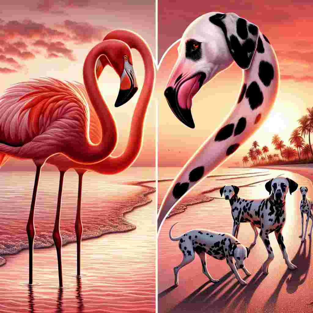 Generate a detailed image set against a romantic sunset on a sandy beach where the calm sea gently laps at the shore. In this serene setting, two flamingos with delicate coral-hued feathers stand in the shallow water, their eloquent necks forming a heart-shaped silhouette. Simultaneously, a group of playful dalmatians, distinguished by their unusual heart-shaped spots, frolic on the beach. The scene should be infused with a sense of gentle ocean waves and a touch of Valentine's Day whimsy to complete this heartwarming illustration.
Generated with these themes: Flamingos , Dalmatians , and Beach.
Made with ❤️ by AI.