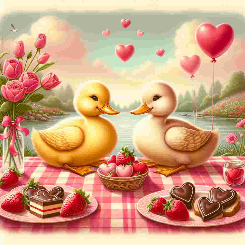 Generate an endearing Valentine's Day illustration including two appealing ducks, distinguished by their soft yellow plumage, savoring a dreamy picnic by a tranquil lake. They are circled by a checkered picnic cloth adorned with a selection of heart-shaped sandwiches, strawberries coated in chocolate, and a small vase containing one red rose. The setting is whimsical and inviting, decorated with pink and red balloons that gently drift in the background, boosting the overall theme of affection and love.
Generated with these themes: Ducks, and Picnic.
Made with ❤️ by AI.