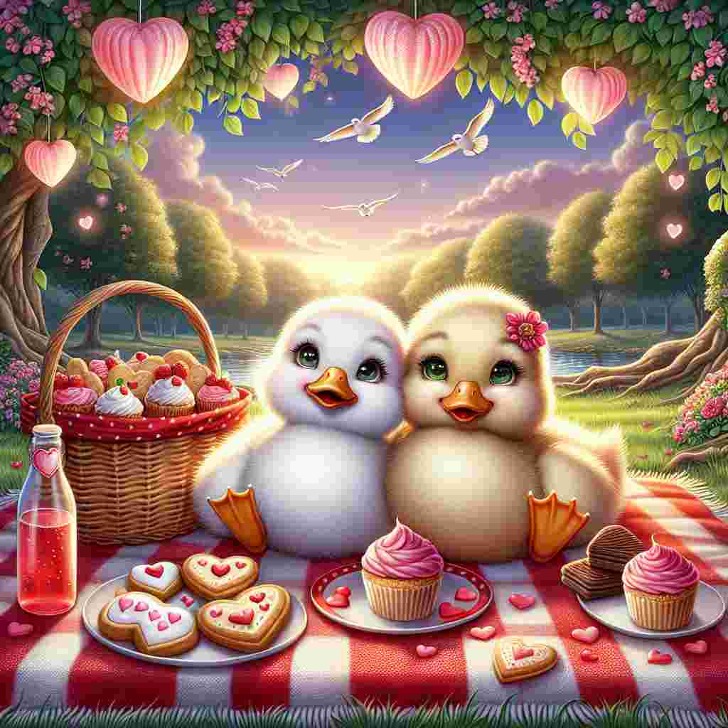 Create a heartwarming Valentine's illustration with two endearing ducks having a picnic in a picturesque park. The ducks are adorned with fluffy feathers and bright, friendly eyes, comfortably positioned on a red and white-themed picnic blanket. They're in the presence of a basket brimming with Valentine's day delicacies - cupcakes garnished with pink frosting, heart-patterned cookies, and a bottle of effervescent juice. Behind them, the canopy indulges in the beautiful hues of the sunset while heart-shaped paper lanterns swaying from the trees, casting a magical radiance across the enchanting evening scene.
Generated with these themes: Ducks, and Picnic.
Made with ❤️ by AI.