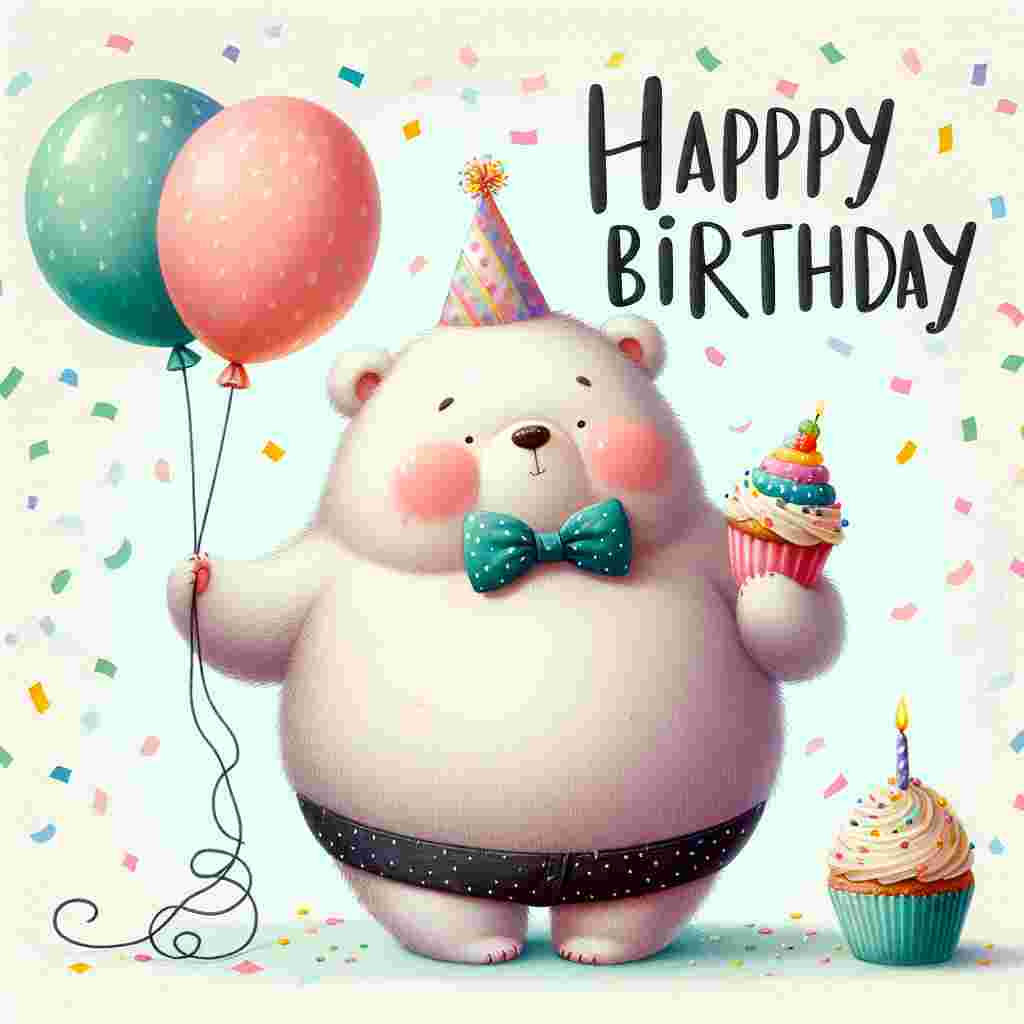 A whimsical birthday illustration features a plump, rosy-cheeked bear holding a balloon in one paw and a cupcake in the other. The bear is adorned with a party hat and a bow tie. Pastel confetti dances in the air around him, and 'Happy Birthday' is written in playful, curvy letters at the top of the scene.
Generated with these themes: cute  .
Made with ❤️ by AI.