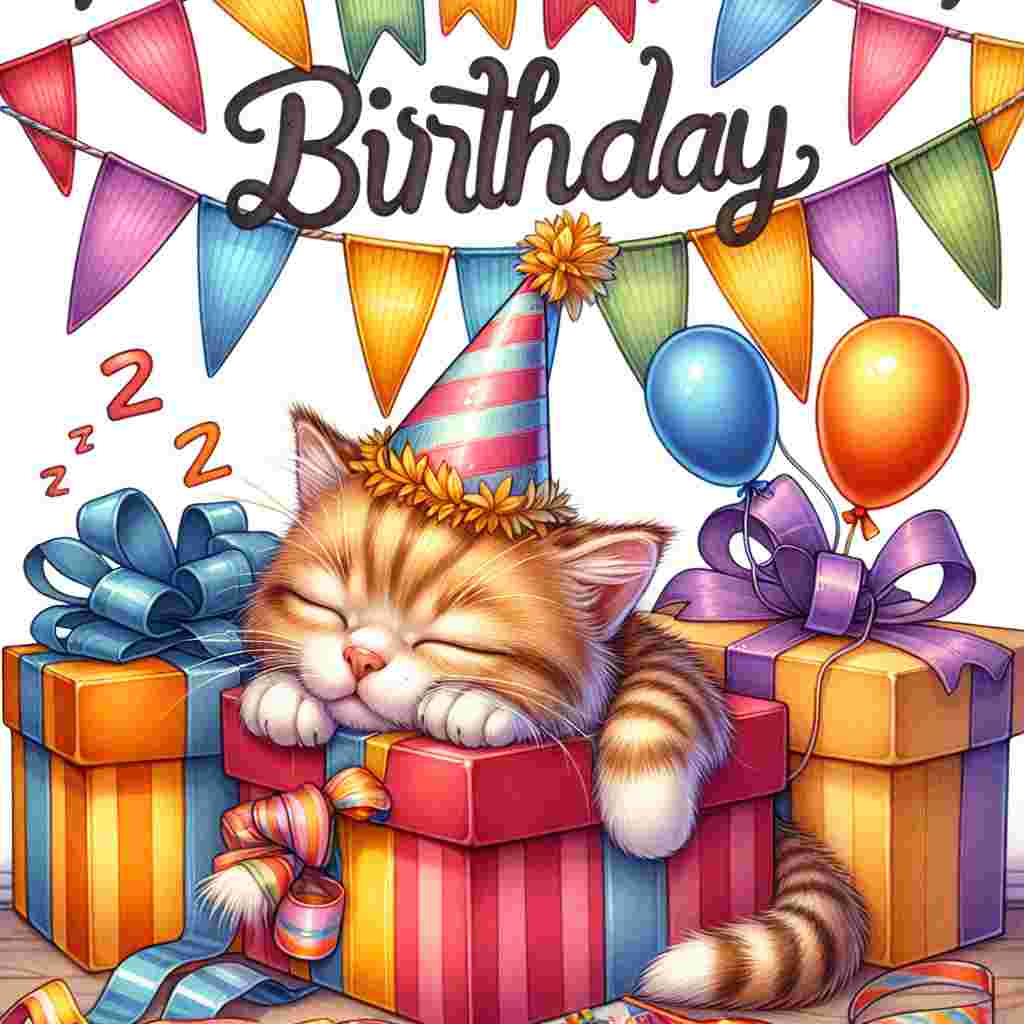 The scene depicts a cozy, cartoon-style kitten curled up with a party hat on, surrounded by a pile of gift boxes. A banner of colorful pennants drapes gracefully in the background, and the words 'Happy Birthday' appear as a gentle arch above the slumbering feline, whose cuteness adds immense charm to the design.
Generated with these themes: cute  .
Made with ❤️ by AI.