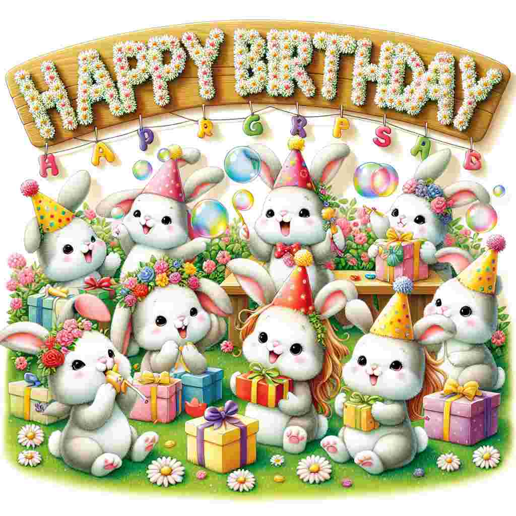 The illustration is a lively garden party with a group of cute bunnies celebrating. Each bunny has a different colored party hat and is engaging in various party activities, like blowing bubbles and unwrapping presents. In the midst of the floral decor, 'Happy Birthday' is spelled out with daisy chain letters, hovering slightly above the happy scene.
Generated with these themes: cute  .
Made with ❤️ by AI.