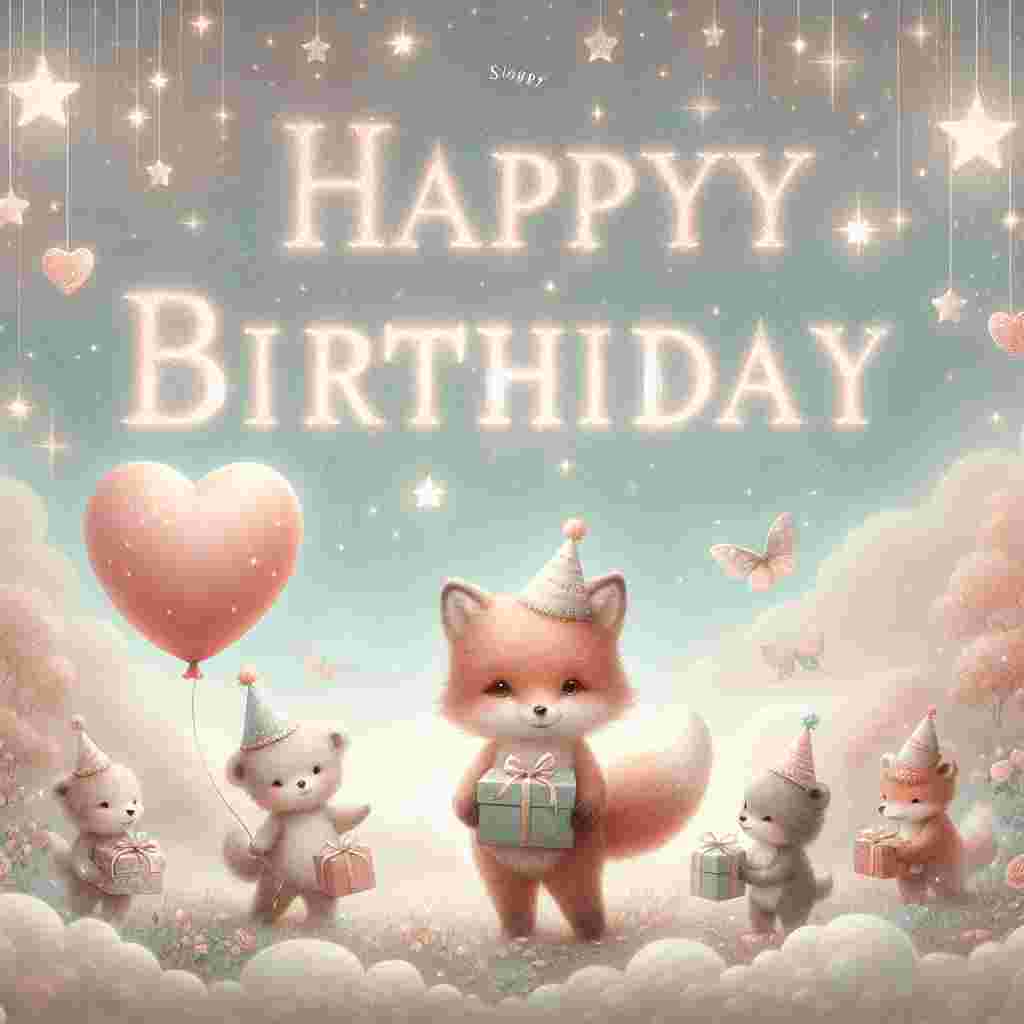 A dreamy, pastel-colored scene showcasing a parade of adorable woodland creatures, each wearing a party hat and bearing small gifts. The center of the scene is a cute fox holding a big, heart-shaped balloon. The sky is filled with floating, magical sparkles, and 'Happy Birthday' shines brightly in the sky in shimmering glitter font.
Generated with these themes: cute  .
Made with ❤️ by AI.