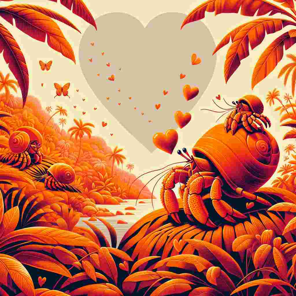 Create an unconventional Valentine's Day card in radiant shades of orange, representing lively and passionate love. The card's main illustration should be a pair of endearing hermit crabs in the middle of the Amazon rainforest. Each crab should possess a tiny shell shaped like a heart, engaging in a charming dance. The enthusiastic, albeit somewhat clumsy dance of the crabs amidst the abundant, exotic foliage adds an element of humour and authenticity to the scene, making it a true celebration of real-life romance.
Generated with these themes: Orange , Amazon rainforest, and Hermit crabs.
Made with ❤️ by AI.