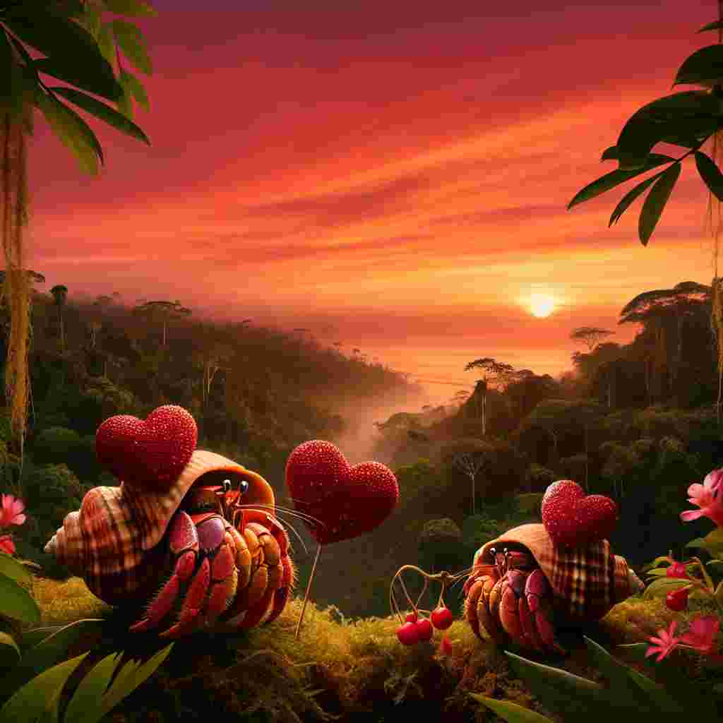 Imagine a scene symbolic of Valentine's Day, nestled deep within the majestic Amazon rainforest. The radiant hues of an orange sunset lend a warm glow to the upper level of foliage. Within this inspiring landscape, we see two hermit crabs, humorously donned in shells embellished with hearts, offering each other forest berries and blossoms. This scene humorously nods to the act of discovering love in the most unanticipated places, just as a hermit crab finds a new shell to call home, celebrating love with a perfect blend of appeal and a gesture towards lovebirds of the animal world that defy convention.
Generated with these themes: Orange , Amazon rainforest, and Hermit crabs.
Made with ❤️ by AI.