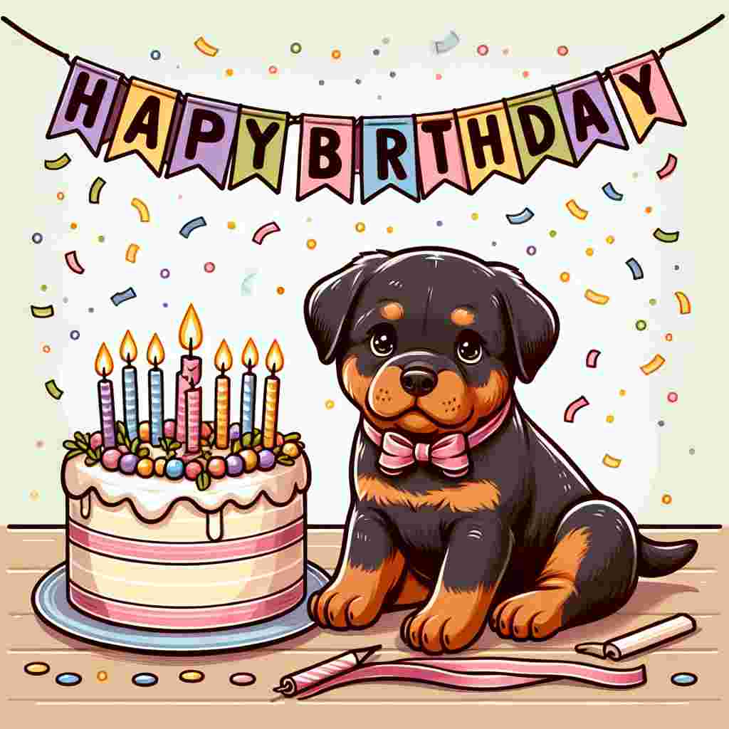 An adorable illustration showcases a playful Rottweiler pup with a birthday cake topped with candles in front of him. Confetti dots the background and a banner across the top corner exclaims 'Happy Birthday' in festive, bold font, adding to the celebratory atmosphere.
Generated with these themes: Rottweiler  .
Made with ❤️ by AI.