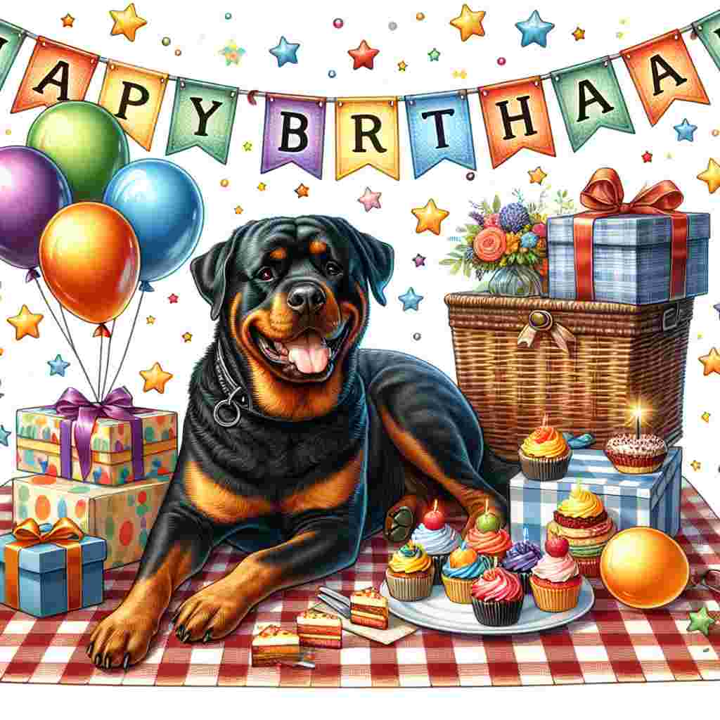 A joyous birthday picnic scene with a content Rottweiler lying on a checkered blanket, surrounded by cupcakes and gift boxes. An illustrated banner flutters above, with the words 'Happy Birthday' amidst a sprinkling of stars and balloons tied to the dog's collar.
Generated with these themes: Rottweiler  .
Made with ❤️ by AI.
