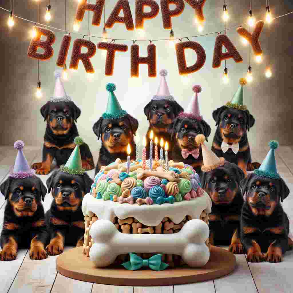 A heartwarming birthday setting where a group of Rottweiler puppies, adorned with tiny bow ties and party hats, are gathered around a giant bone-shaped birthday cake. The phrase 'Happy Birthday' is spelled out in colorful letters hanging from a string of lights above them.
Generated with these themes: Rottweiler  .
Made with ❤️ by AI.