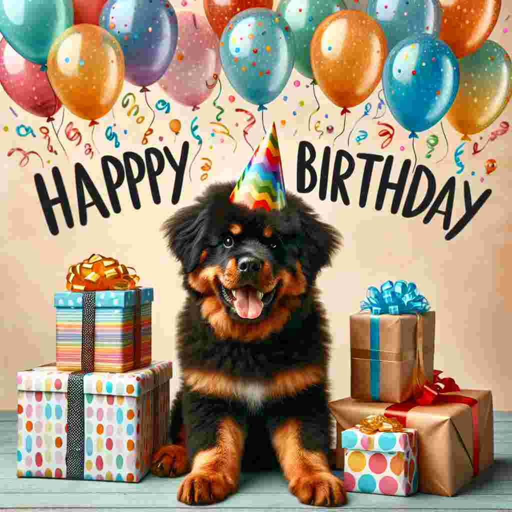 A cheerful birthday scene featuring a fluffy Rottweiler wearing a colorful party hat, sitting next to a pile of wrapped presents. Above the pup, balloons drift up into the sky, with the phrase 'Happy Birthday' written in bubble letters that appear to float amongst the balloons.
Generated with these themes: Rottweiler  .
Made with ❤️ by AI.
