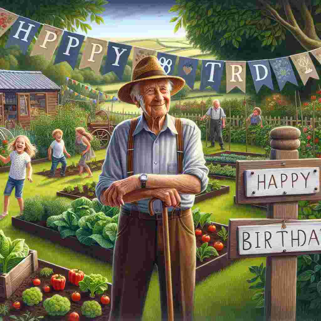 A quaint garden scene with grandad standing amidst his lush vegetable patch, a straw hat on his head. Over the patch, banners fluttering with 'Happy 80th Birthday'. Grandchildren can be seen playing in the background, and 'Happy Birthday' is etched into a wooden signpost.
Generated with these themes: grandad 80th  .
Made with ❤️ by AI.