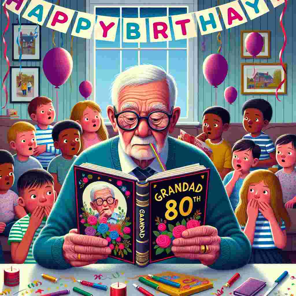 A colorful illustration of grandad, glasses on his nose, reading a 'Happy Birthday' book to a circle of attentive grandchildren. Behind them, a banner proclaims 'Grandad 80th', and the room is festooned with streamers and balloons, creating a warm, celebratory mood.
Generated with these themes: grandad 80th  .
Made with ❤️ by AI.