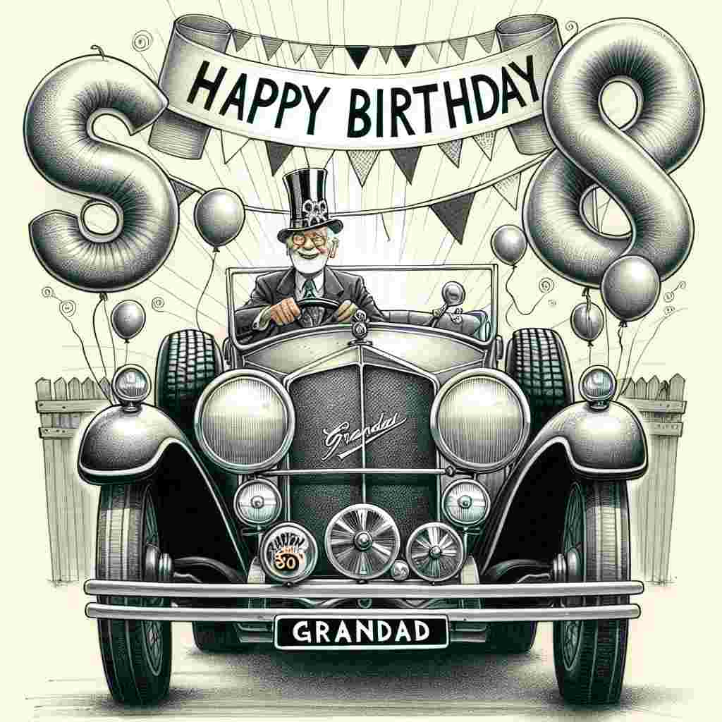 The illustration features a grand vintage car with 'Grandad's 80th' on the license plate. Grandad sits proudly at the wheel with a birthday hat. In the background, a banner reads 'Happy Birthday', and balloons in the shape of '80' hover above the car, adding to the festive atmosphere.
Generated with these themes: grandad 80th  .
Made with ❤️ by AI.
