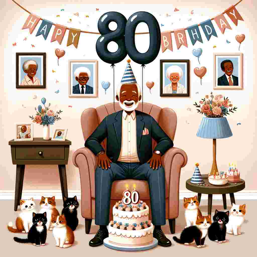 A heartwarming illustration showing a cheerful grandad sitting on a cozy armchair with a large '80' balloon floating above. Around him, playful kittens wearing party hats, a cake with 'Happy Birthday' on the icing, and scattered around, memories depicted in small framed pictures from his past decades.
Generated with these themes: grandad 80th  .
Made with ❤️ by AI.