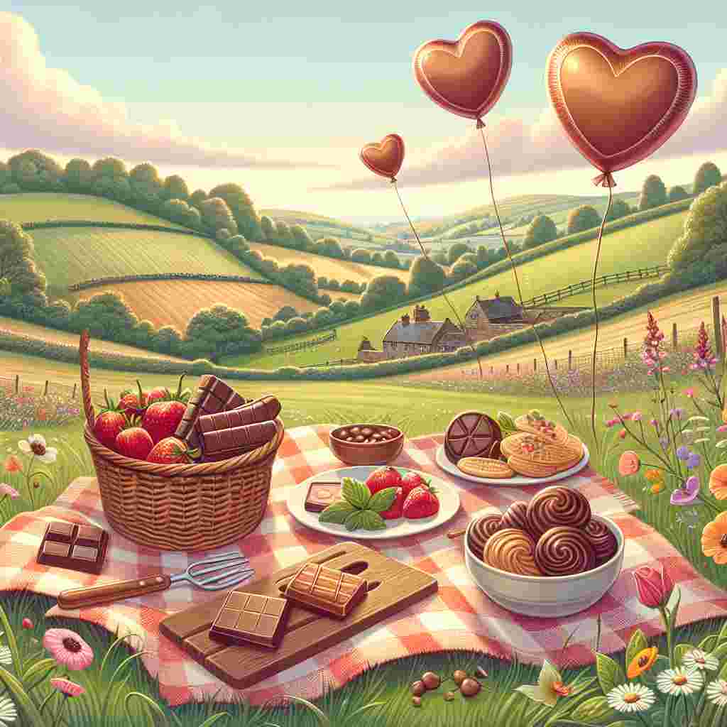 A serene rural setting sets the perfect stage for an endearing Valentine's Day illustration. In the heart of the scene, a picnic blanket unfold with a variety of food items, including a bowl of round chocolate treats and a crisp wafer chocolate bar. Rolling hills and wildflowers in the background add to the picturesque environment, while balloons in the shape of hearts float gently in the sky, adding a whimsical and affectionate touch to the atmosphere.
Generated with these themes: Maltesers, Kit-Kat, and Countryside.
Made with ❤️ by AI.