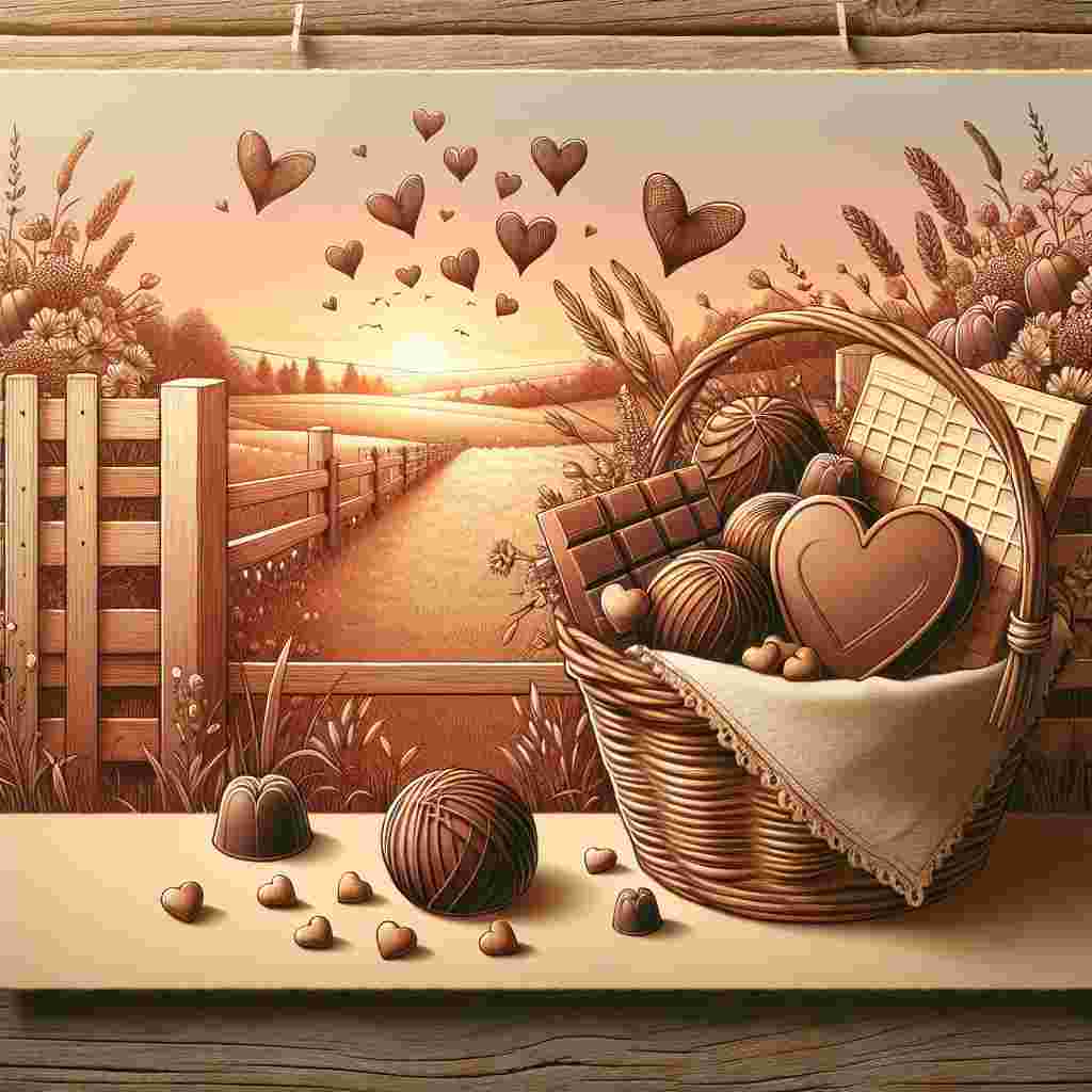 This Valentine's Day, conceptualize an idyllic countryside scenery coming alive with a charming illustration. Imagine a wooden fence acting as a backdrop showcasing a rustic basket brimming with appetizing treats- round chocolate candies and a chocolate-coated wafer bar. This arrangement is presented as an invitation for a shared sweet moment. There are hand-drawn hearts delicately floating around akin to butterfies adding a touch of romance to the scene. Beyond this immediate setup, visualize a distant sunset dousing the tranquil surroundings in warm shades, signifying the warmth of love in a bucolic atmosphere.
Generated with these themes: Maltesers, Kit-Kat, and Countryside.
Made with ❤️ by AI.