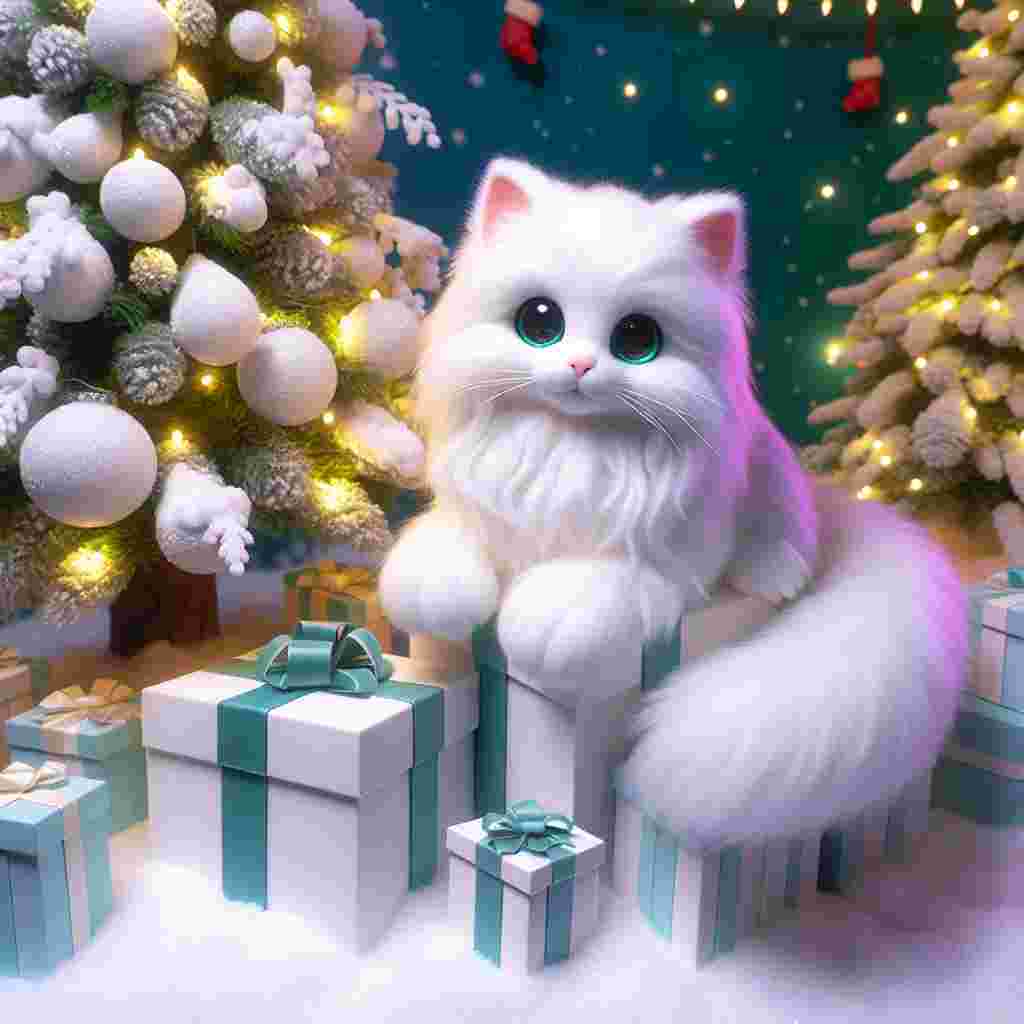 A peaceful Christmas setting is dominated by snow all around. Centered in this scene is a white Turkish Angora cat with a plush, normal build. Its fur radiates a pure white color, perfectly matching the ambiance of the wintry season. The merry feline's green eyes sparkle like topaz, reflecting the festive vibes all around. It is perched playfully atop a heap of carefully wrapped gifts situated under a brightly lit up Christmas tree. The overall setting exhibits a cartoon-like, lively atmosphere which heightens the sense of joy and celebration in the scene.
.
Made with ❤️ by AI.