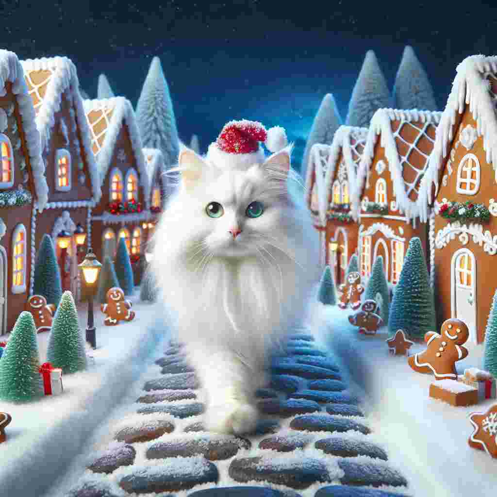 Imagine a charming, animated winter village during Christmas time. The scene is dominated by vibrant gingerbread houses, their rooftops blanketed with fresh snow, and streets paved with cobblestones. Roaming these streets is a fluffy Turkish Angora cat of white color, looking like a living snowdrift moving. The cat's beautiful vibrant green eyes sparkle with holiday enthusiasm. It's wearing a miniature Santa hat, making it the cutest visitor of the gingerbread town. As it strides on the cobblestones, it delicately imprints its paw prints on the freshly fallen snow, adding an extra touch of whimsy to this seasonal setting.
.
Made with ❤️ by AI.