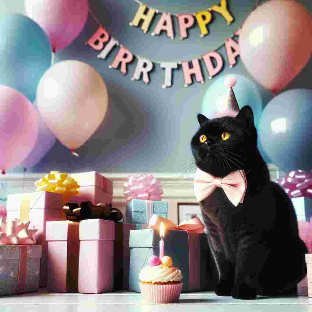 Imagine a beautiful interior, filled with pastel-colored balloons hovering in the air and a vibrant banner that proudly proclaims 'Happy Birthday'. At the heart of this scene is a charming adult Domestic Shorthair Cat characterized by a sleek black coat and bright yellow eyes. The cat is poised next to a collection of attractively wrapped gifts. Its party attire includes a tiny hat sitting slightly off-center on its head and a graceful pink bow tie around its neck. The cat looks contemplatively at a single flickering candle, sitting on a small cupcake, in stark contrast to the bustling, jovial atmosphere around it.
.
Made with ❤️ by AI.