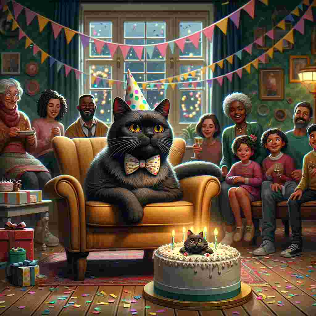 Depict a cozy scene inside a room adorned with festive streamers and confetti scattered across the floor. The central attraction is a charming black-coated Domestic Shorthair Cat with captivating yellow eyes, lounging in comfort on a cushy armchair. This cat sports a comically oversized birthday hat that droops over one of its ears, and wears a matching polka-dot bow tie. Next to the chair, there is a large birthday cake garnished with a figurine of a cat. A diverse group of family members -- a Caucasian grandmother, a Middle-Eastern father, an African-American mother, and two Hispanic children -- are gathered around the cake, their faces aglow with smiles, ready to sing 'Happy Birthday'. The entire scene evokes a sense of warm, familial fun.
.
Made with ❤️ by AI.