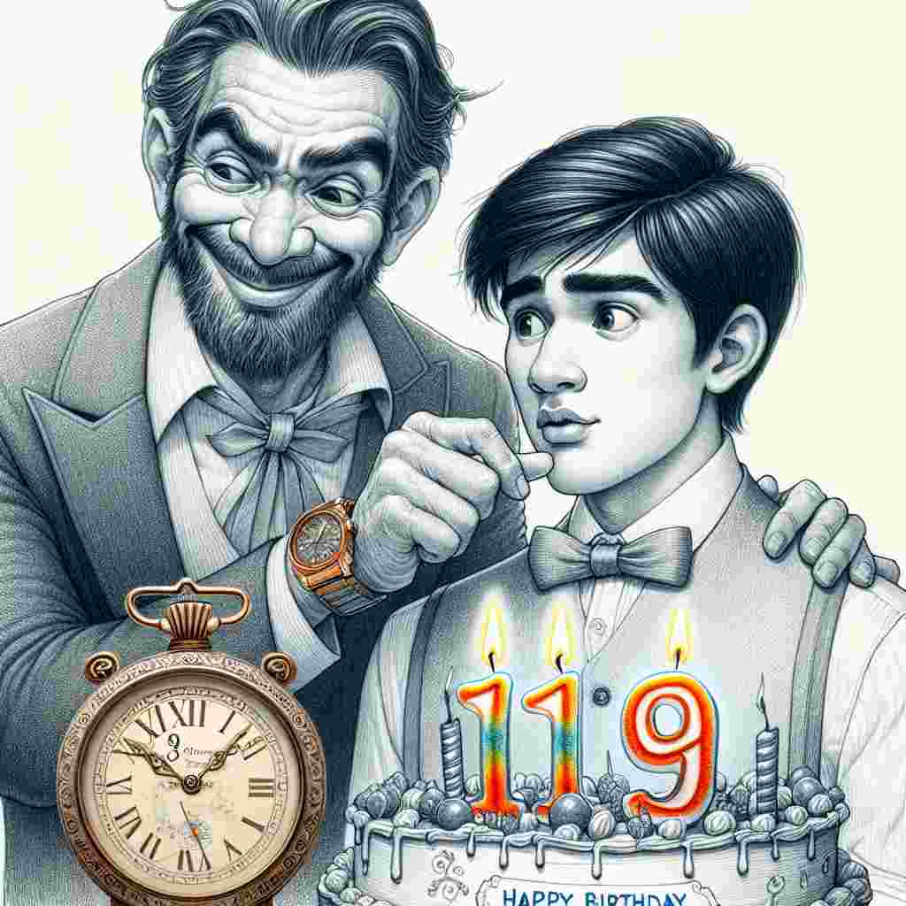 A whimsical drawing showcasing two human-like brothers in festive attire, the elder discreetly gifting a wristwatch with '19' engraved on it. A charming 'Happy Birthday' cake sits in the foreground, adorned with 19 candles.
Generated with these themes: brothers 19th .
Made with ❤️ by AI.