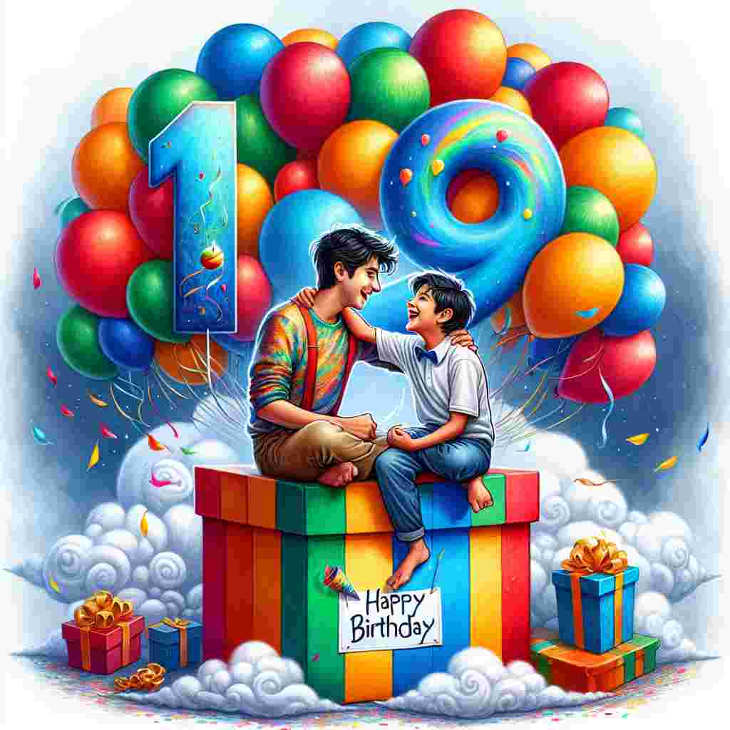 A heartwarming illustration of two brothers sitting atop a giant, colorful gift box with a big '19' on the side. The surrounding area is festooned with balloons, and overhead, playful clouds spell out 'Happy Birthday'.
Generated with these themes: brothers 19th .
Made with ❤️ by AI.