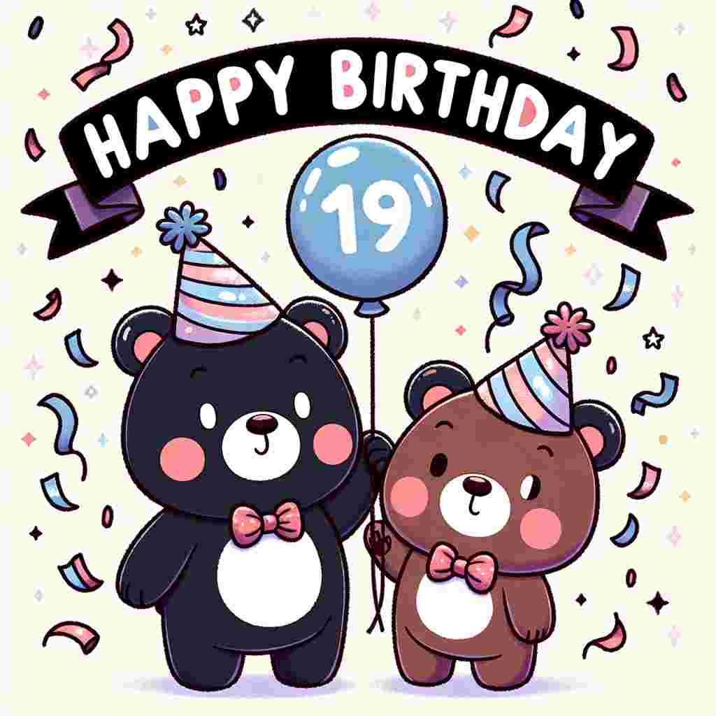 A playful illustration depicting two cartoonish brother bears wearing party hats, with the younger one holding a '19' balloon. Confetti showers the scene as a banner with 'Happy Birthday' stretches across the top.
Generated with these themes: brothers 19th .
Made with ❤️ by AI.