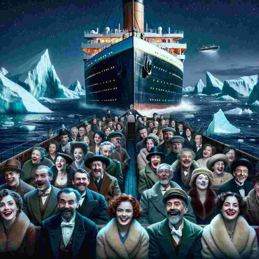 Imagine a scene inspired by the historic RMS Titanic. Picture an old-fashioned ship sailing an ocean dotted with menacing icebergs under a starlit night. The atmosphere is tense, filled with suspense akin to the Titanic's voyage, riddled with life's unexpected twists and turns. Some passengers and crew members, of varying gender and descent, adding a dash of ironic humor, smile bemusedly at the absurdity of their situation. It's heartrending, unavoidable, yet strangely amusing. Their challenges and reactions symbolize our common human struggle with difficult life circumstances.
Generated with these themes: Rms titanic, and Titanic.
Made with ❤️ by AI.