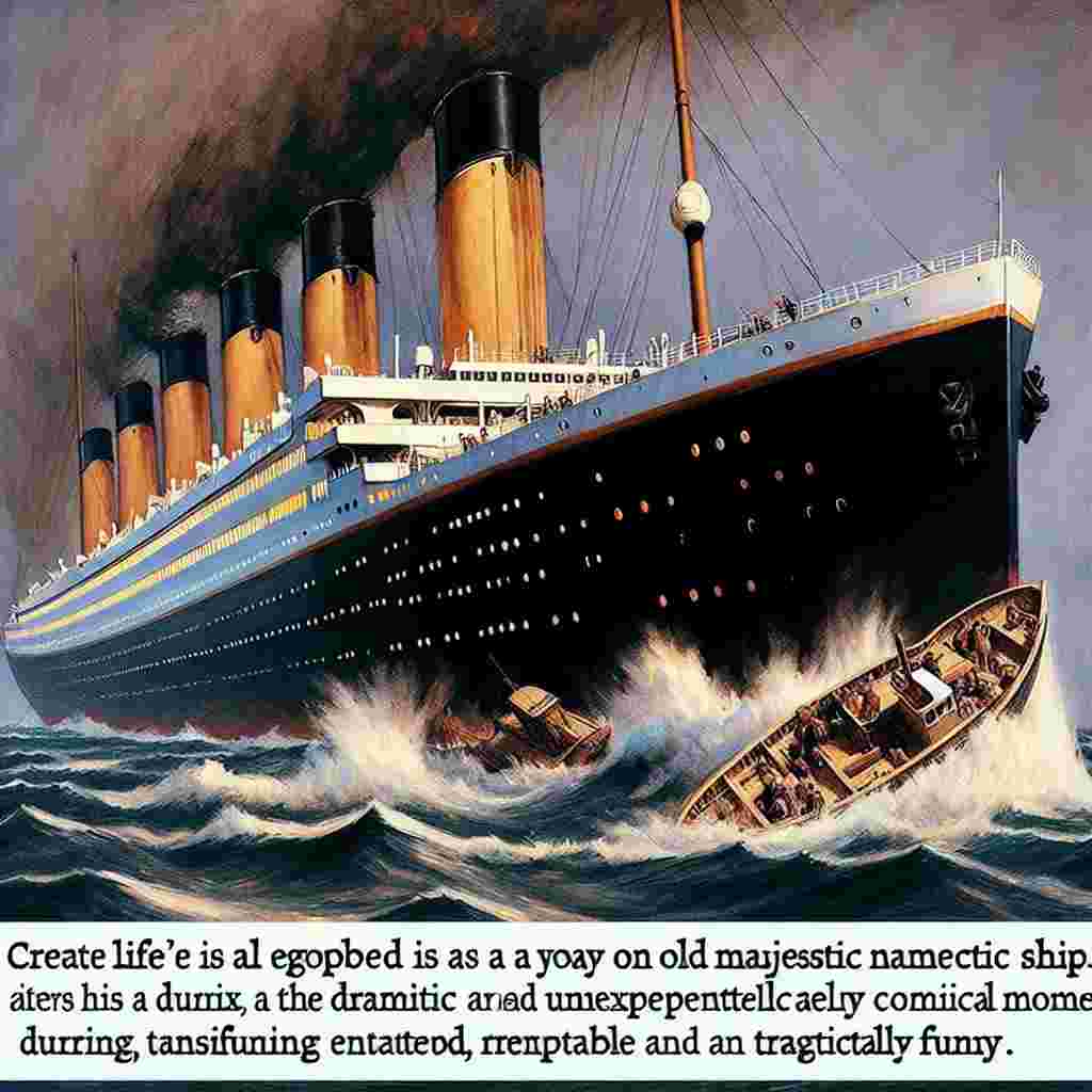 Create an image depicting an allegory where life is represented as a voyage on an old majestic ship, similar to the RMS Titanic. The image captures the mix of the dramatic and unexpectedly comical moments during this journey, encapsulating themes that are both relatable and tragically funny. The ship signifies the nostalgia and symbolism associated with the ill-fated vessel, further translating life's unforeseen bumps into visual elements.
Generated with these themes: Rms titanic, and Titanic.
Made with ❤️ by AI.