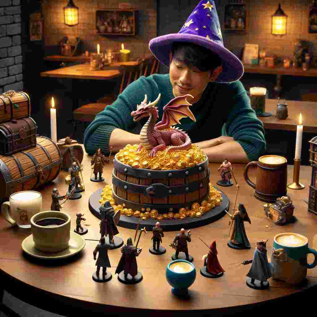 Visualize a birthday scene inside a snug coffee shop that also serves as a gaming hub. It boasts medieval fantasy embellishments, recreating the atmosphere of a mystical tabletop role-playing game. Highlight a cake with a meticulously painted dragon sitting atop a hoard of gold, circled by tiny adventurer figures. Render the aroma of newly prepared coffee floating in the surroundings, while guests, positioned at wooden desks, savor their beverages from mugs designed like magic potion bottles, raising a toast to the birthday person, an Asian male, donning a wizard's hat.
Generated with these themes: Dungeons and dragons, and Coffee.
Made with ❤️ by AI.