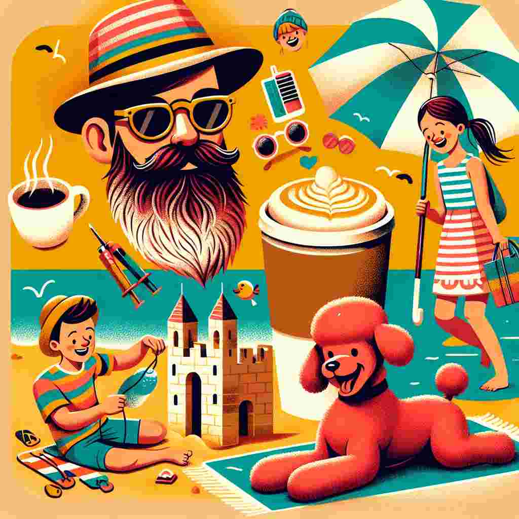 In a charming vector illustration for Father's Day, we see a representation of a bearded man portrayed through various possessions at a seaside location. Three children with different physical characteristics, two playful boys and a young girl, are cheerfully constructing a sandcastle nearby, their delight tangible under the vibrant summer sun. A lively, red poodle bundles about in the sands, carrying its leash with nonchalance draped over a vibrantly-hued hat resting atop a striped beach towel. Beside it, a steamy paper cup of latte is present, its milky froth elegantly fashioned into the shape of a heart, symbolising paternal love.
Generated with these themes: Bearded man, 2 boys, A girl, Red poodle, Cap , Latte , and Seaside.
Made with ❤️ by AI.